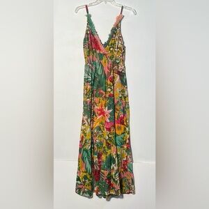 KARAKORUM Resort Beach Boho Floral Tiered Smock Waist V-Neck Fringe Maxi SZ S/M